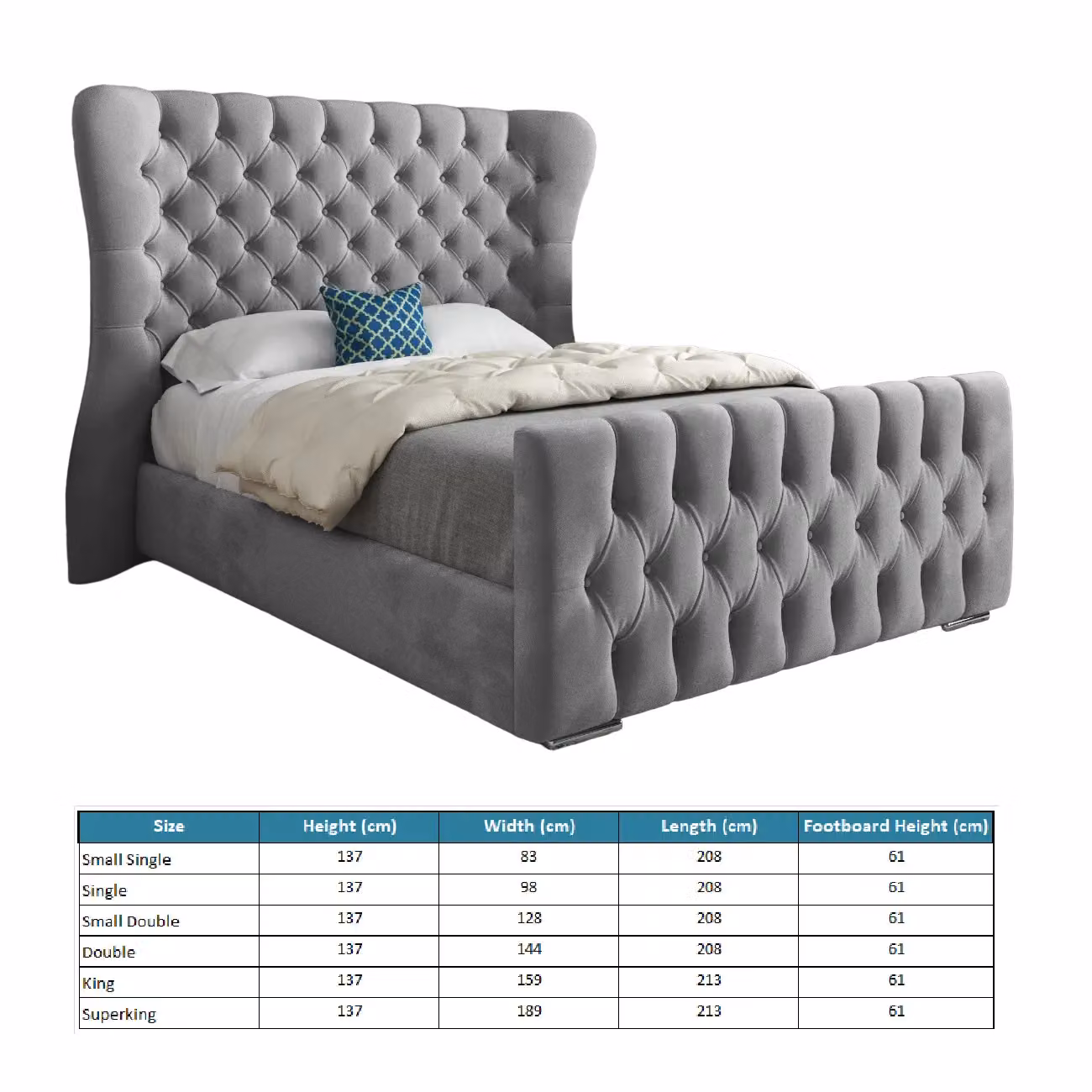 Casani Chesterfield Upholstered Velvet Bed Frame in Grey W/D/H: 144 x 137 x 200 cm – 5