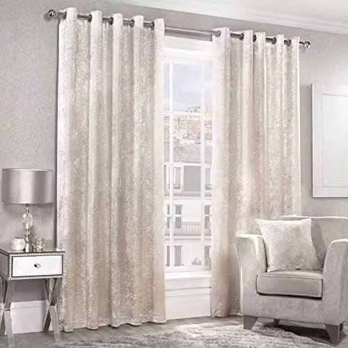 Alan Symonds Home Beige Crushed Velvet Eyelet Curtains, Width: 228.6 cm, Drop: 228.6 cm