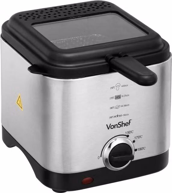 VonShef Stainless Steel Deep Fat Fryer with Adjustable Temperature Control and Non-Stick Removable Basket, Silver, 1.5 l – 1