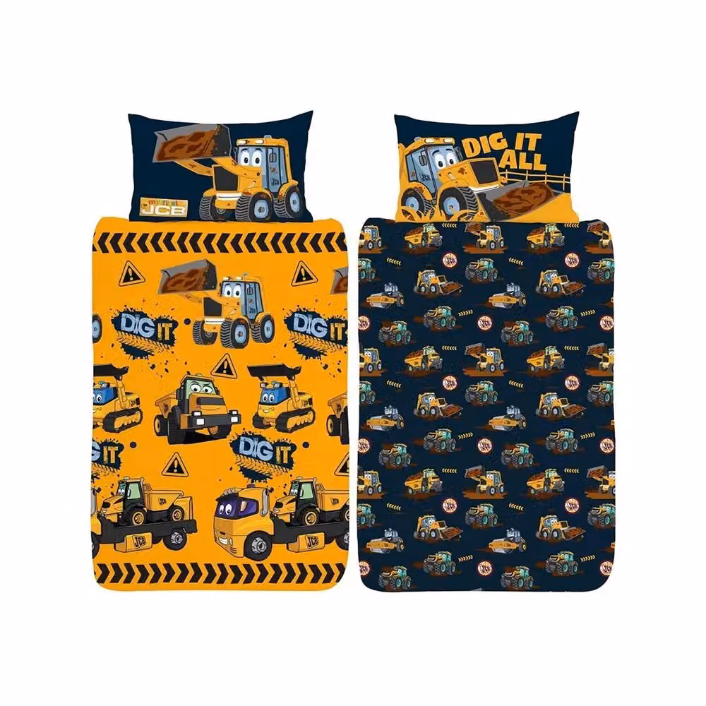 JCB Dig It Reversible Childrens Duvet Cover and Pillowcase Set, Yellow, W: 90 cm, L: 200 cm