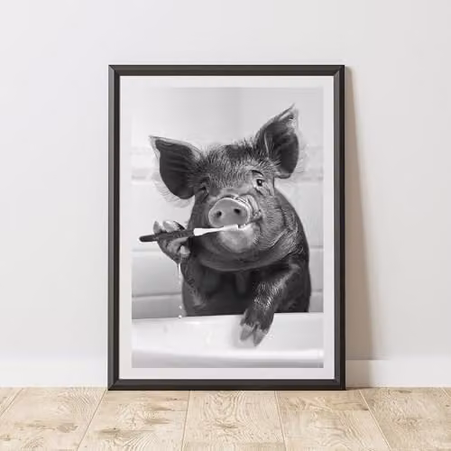 60 Second Makeover Pig Brushing Teeth Animal Print Wall Art Poster, A4, Multicolour