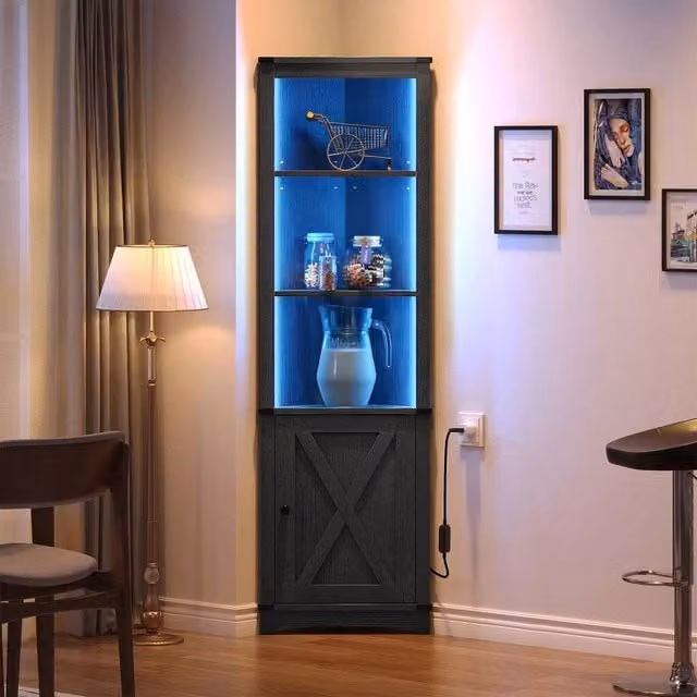 Living and Home Modern Corner Wine Storage Cabinet with LED Lighting and Matt Black Finish – 1