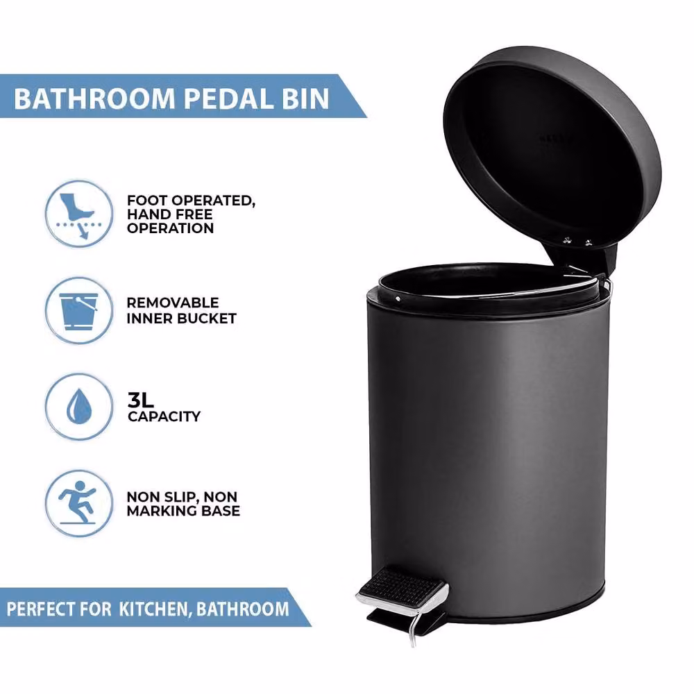 Crystals 3L Black Stainless Steel Pedal Bin for Kitchen and Bathroom – 6