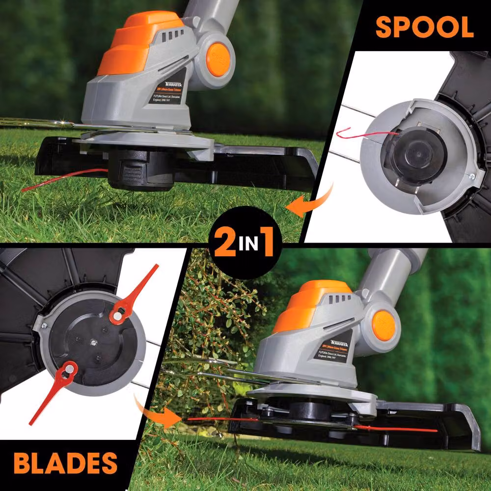 Terratek 20V Cordless Strimmer and Grass Cutter in Grey with 2 Rechargeable Batteries, Charger and Plastic Blades – 2