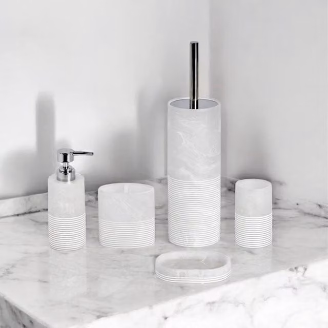 Showerdrape Bianco Frost Onyx White Striped 5 Piece Resin Bathroom Accessory Set – 1