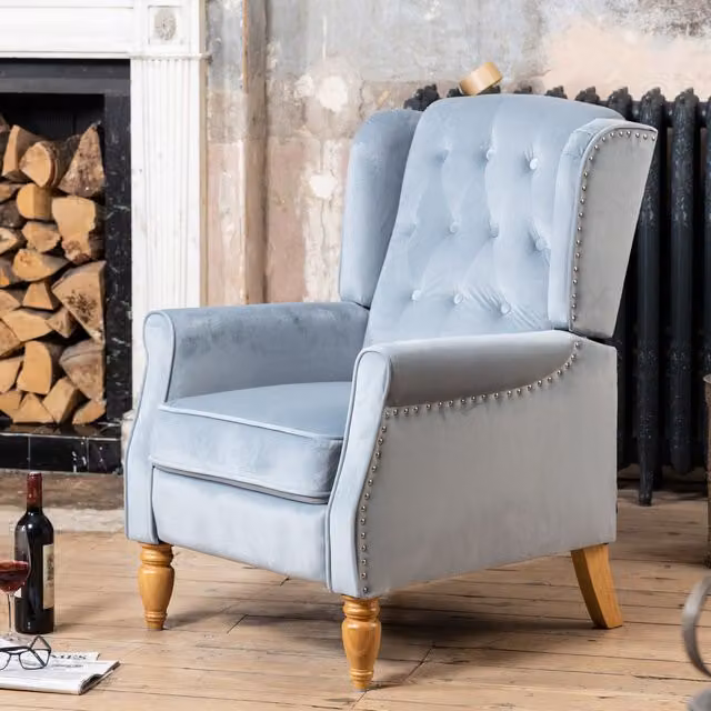 Artemis Home Annapoli Recliner Armchair in Light Blue Velvet Fabric with Solid Wood Frame