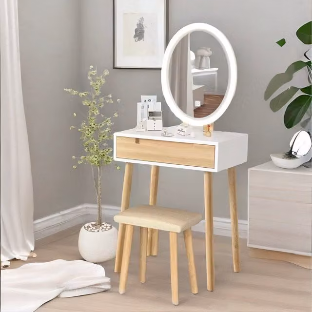 Furnold White Scandinavian Vanity Dressing Table with Hollywood LED Mirror and Cushioned Stool