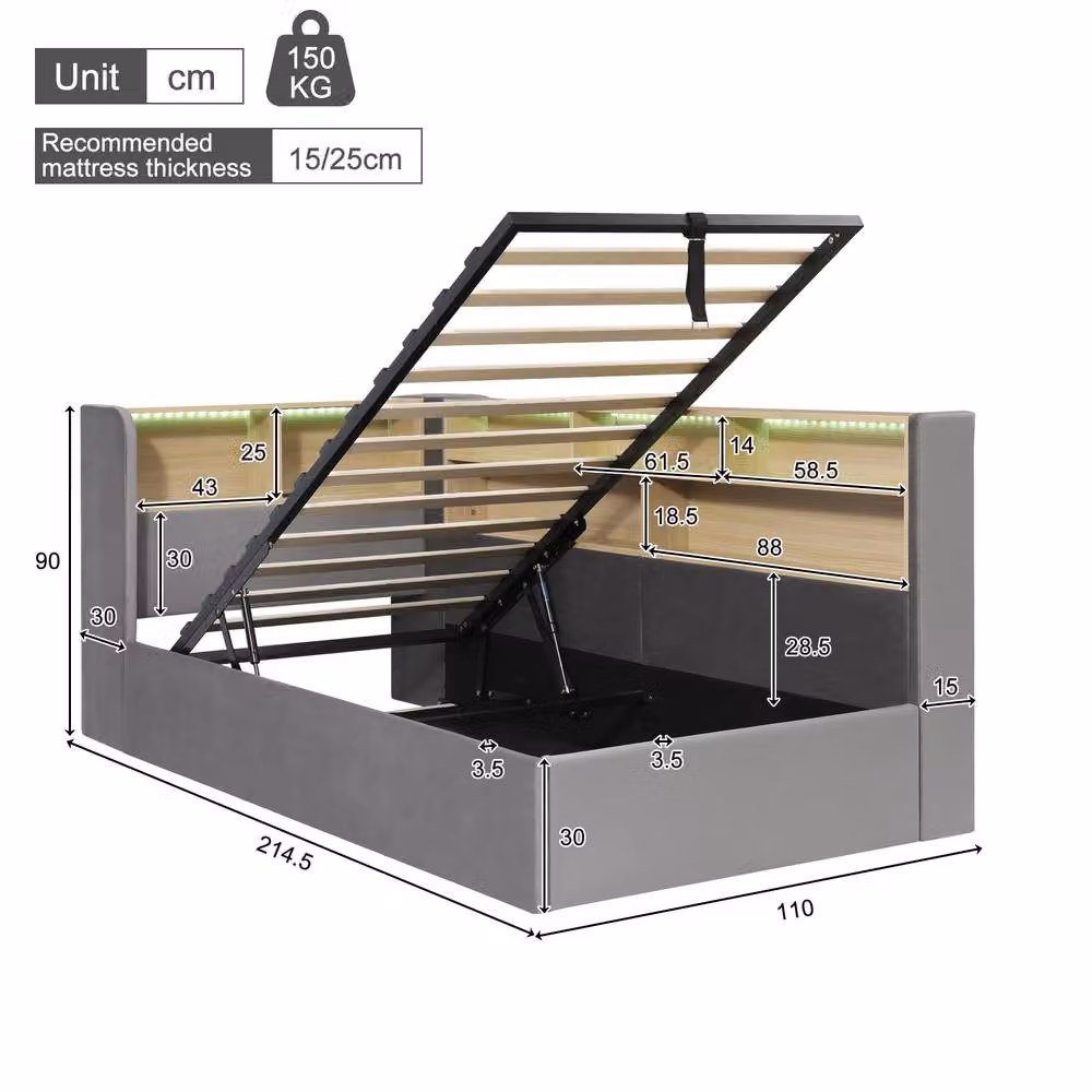 Rolipo Grey Velvet L-Shaped Daybed with Storage, LED Lighting and USB Charging Port, W/D/H: 90 x 190 cm – 4