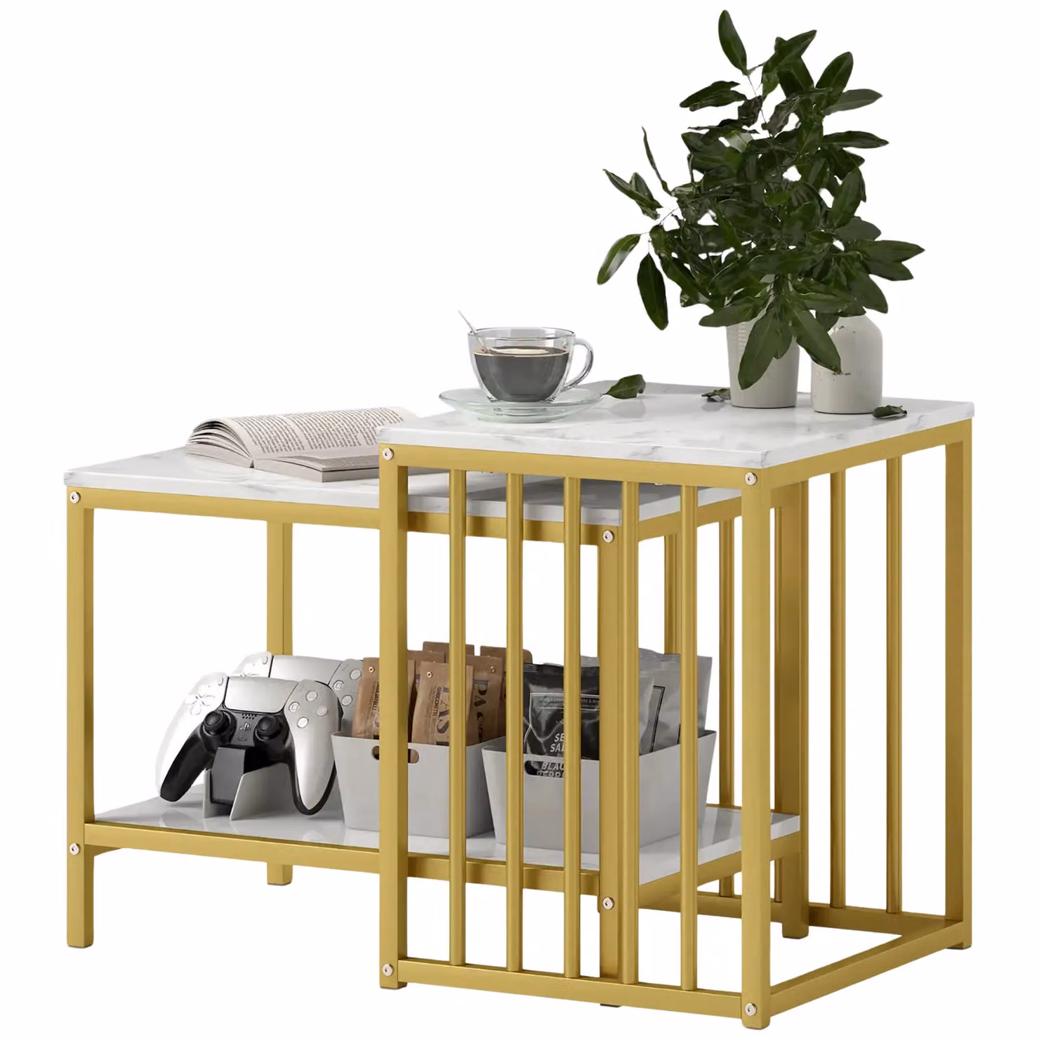 Rafaelo Mobilia Set of 2 Gold Nesting Tables with Faux Marble Top – 3