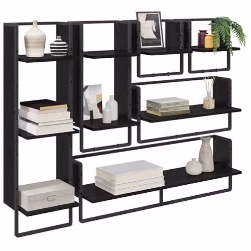 vidaXL Set of 6 Wall-Mounted Shelves in Black Oak, W/D/H: 100 x 25 x 30 cm – 1