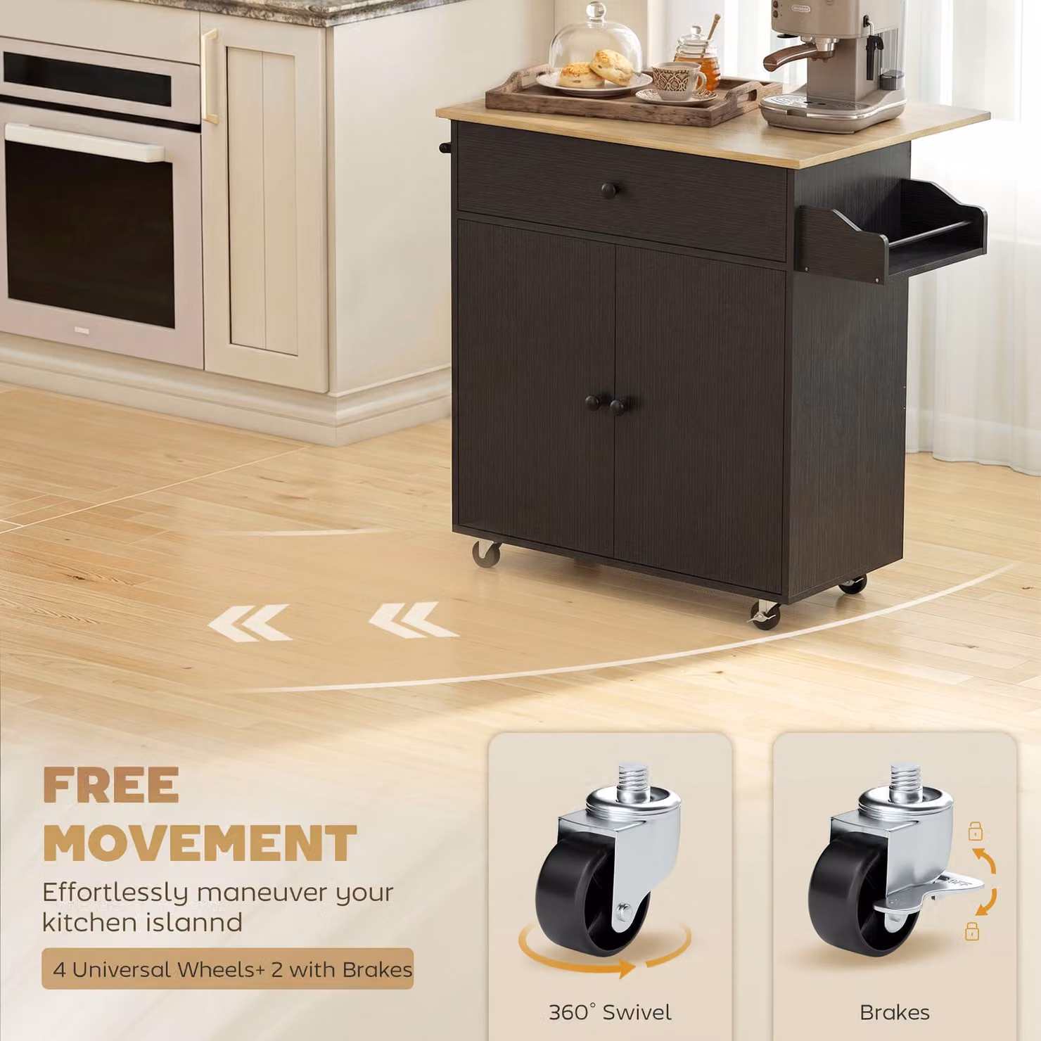 HOMCOM Black Kitchen Island with Drop Leaf and Rolling Storage Trolley – 6