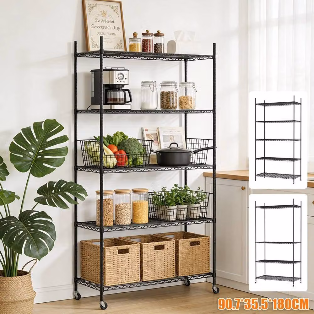 KORVIXA 4 Tier Metal Storage Shelf in Black with Adjustable Shelves, W/D/H: 90.7 x 35.5 x 180 cm – 4