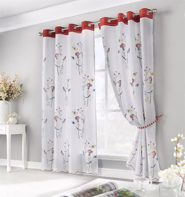 Luxury Living Floral Embroidered Voile Eyelet Curtains, Multicolour, Width: 145 cm, Drop: 183 cm