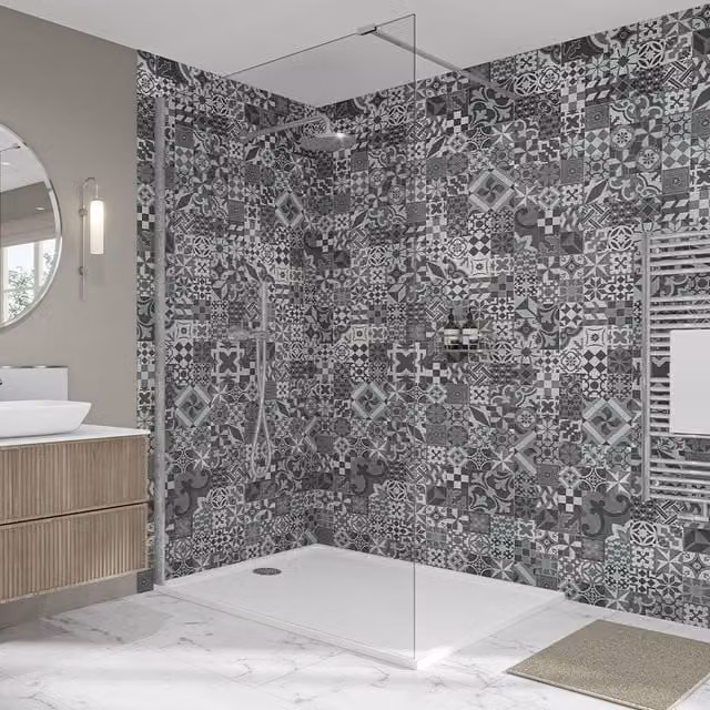 Wetwall Elite Abruzzo Grey Tile Look Tongue and Groove Shower Panel, Width: 60 cm