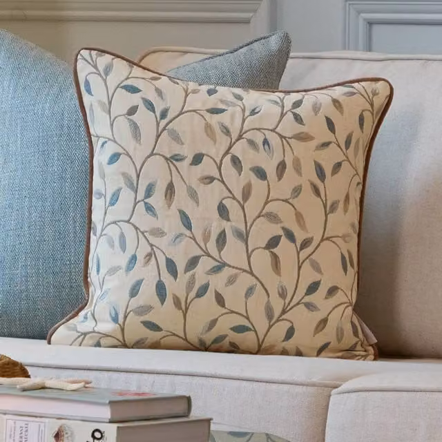 Voyage Maison Cervino Floral Woven Jacquard Feather Filled Cushion in Blue and Beige, W/D/H: 43 x 43 x 43 cm