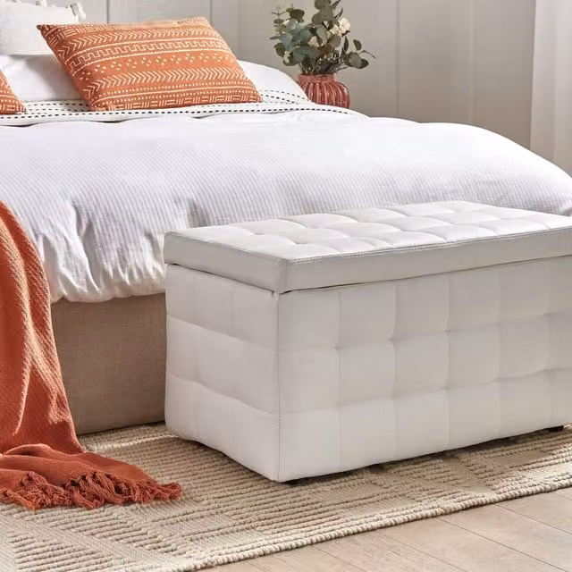 Wyld and Coco White Faux Leather Tufted Rectangular Storage Ottoman – 1
