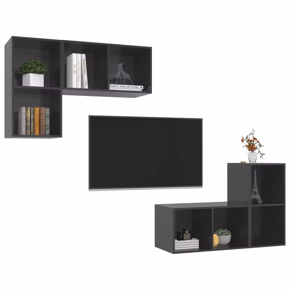 Berkfield Home Set of 4 Modern Wall-mounted Grey High Gloss TV Cabinets – 2