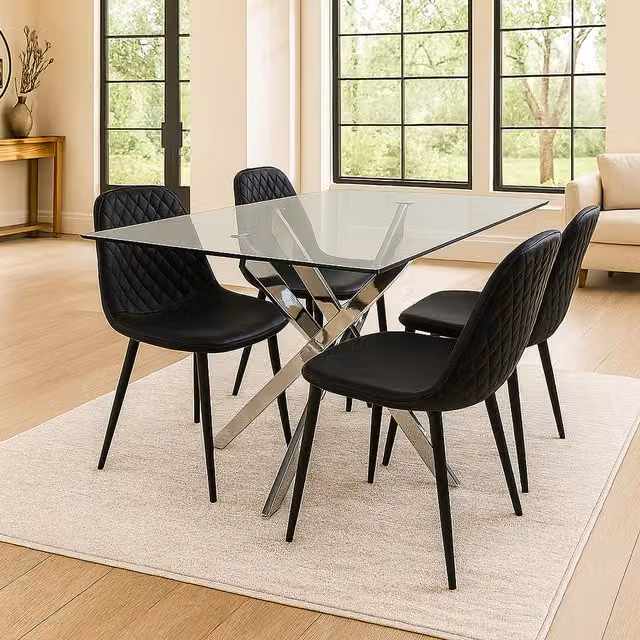 Kosy Koala Modern Rectangular Glass Dining Table with 4 Chairs in Black, White or Transparent