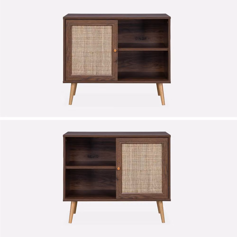 Sweekeec Scandi-style Storage Cabinet with Wood and Cane Rattan in Dark Brown, W: 80 cm – 2