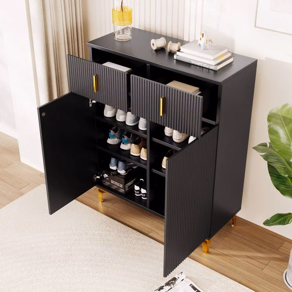 BTM Elegant Sideboard Shoe Cabinet with Adjustable Shelves, Black and White with Gold Accents, W/D/H: 101 x 35 x 83 cm – 2