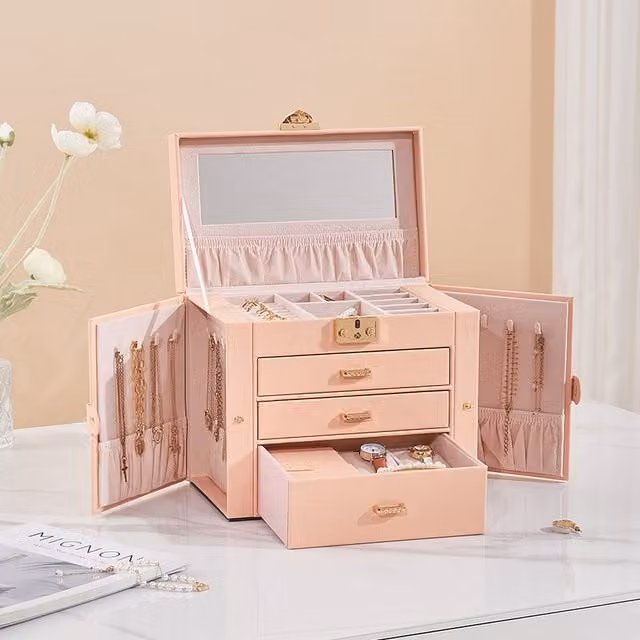 Komore Pink and Gold Fabric Jewellery Box with Lid