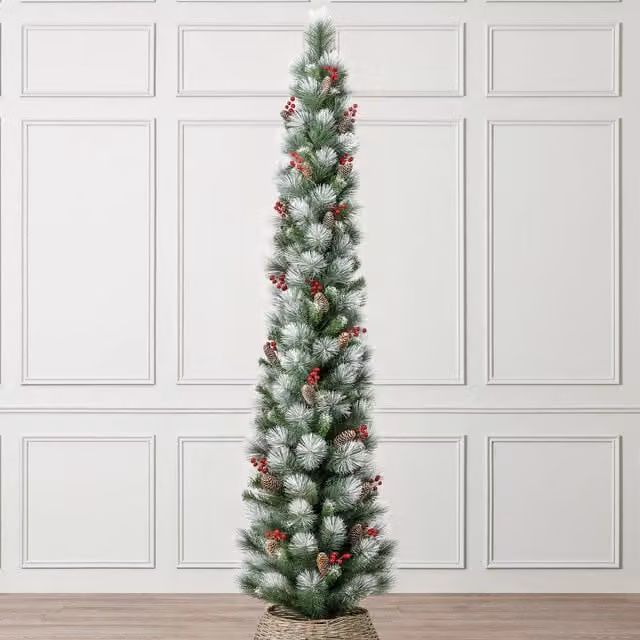 Christow Slim Artificial Pencil Christmas Tree with Snow, Cone and Berry Decorations in Green and Multicolour, Height: 182.88 cm – 1
