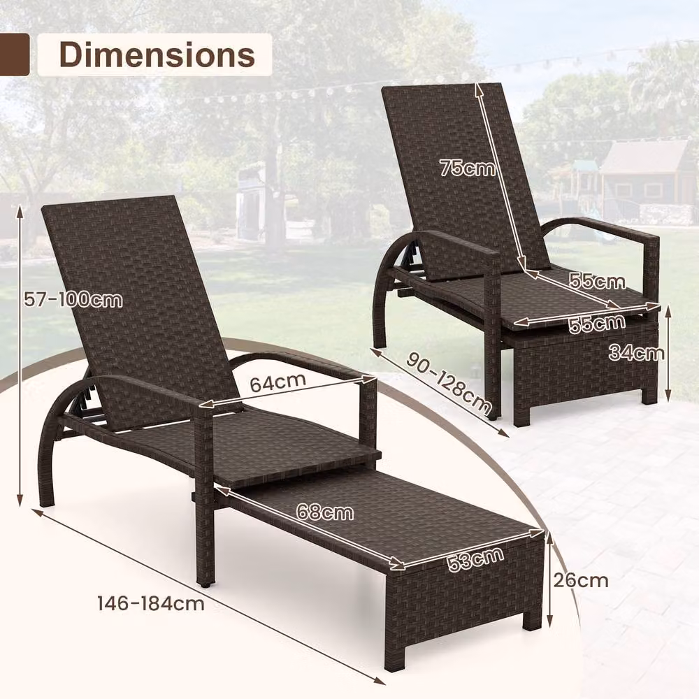 Gymax Brown Polyrattan Wicker Chaise Lounge with 6-Position Adjustable Backrest and Armrests for Pool or Patio – 2