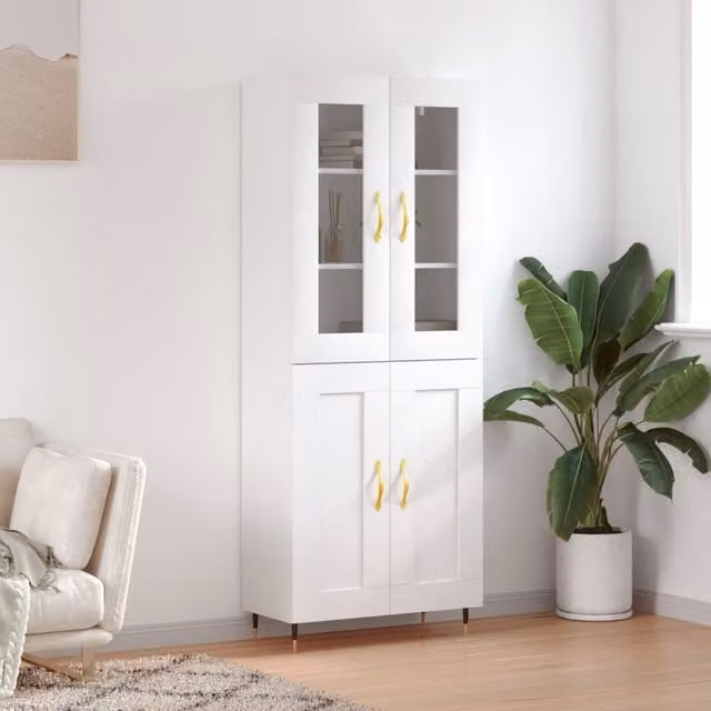 Berkfield Home Modern White Highboard with Glass Doors and Internal Shelves, W/D/H: 69.5 x 34 x 180 cm
