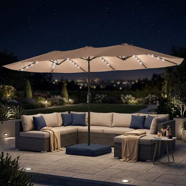 Outsunny 4.5m Double Sided Cantilever Garden Parasol with 60 LED Lights in Khaki