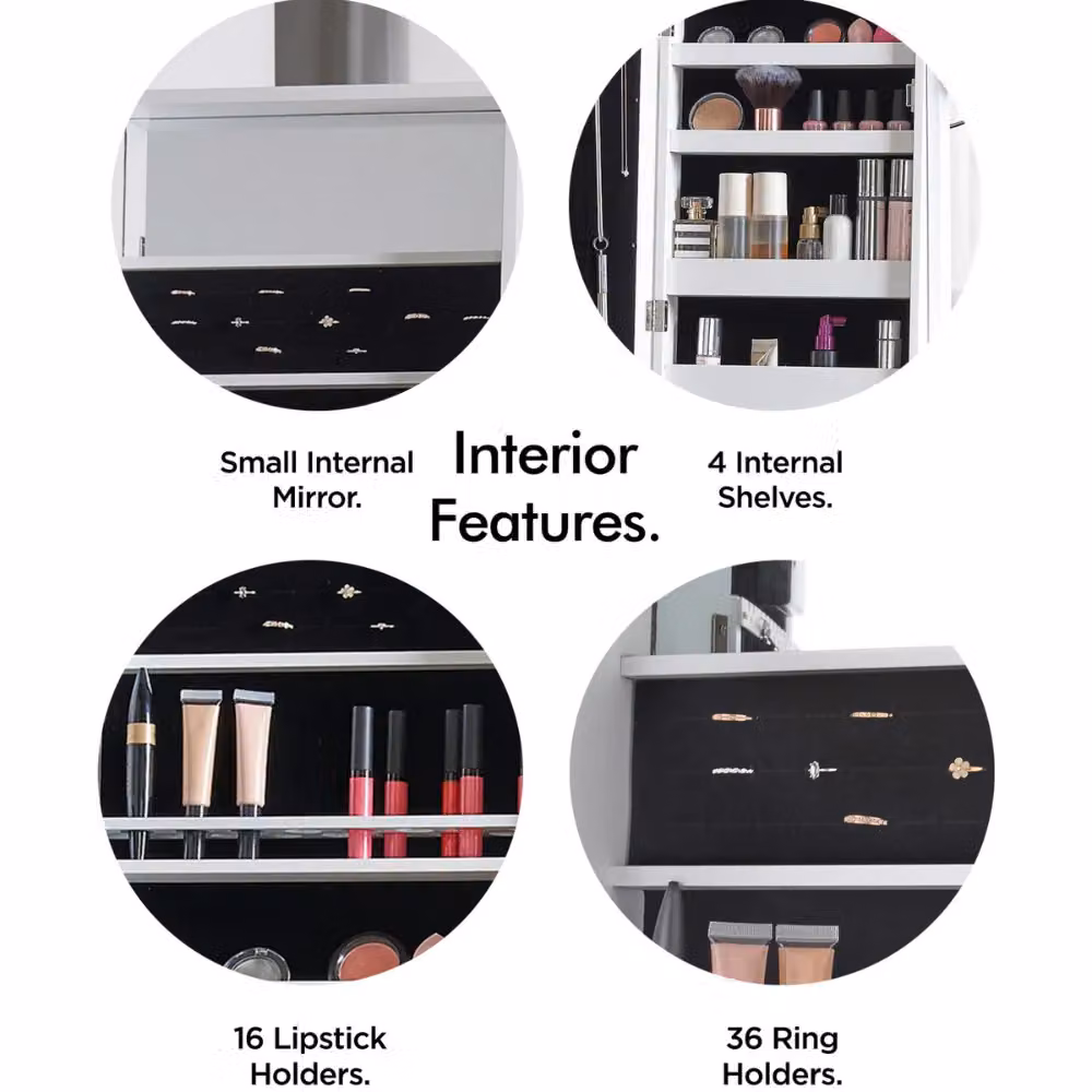 Beautify White Free Standing LED Jewellery Cabinet Armoire with Internal Shelves and Mirror H: 145.0 cm, W: 51.0 cm, D: 36.5 cm – 5