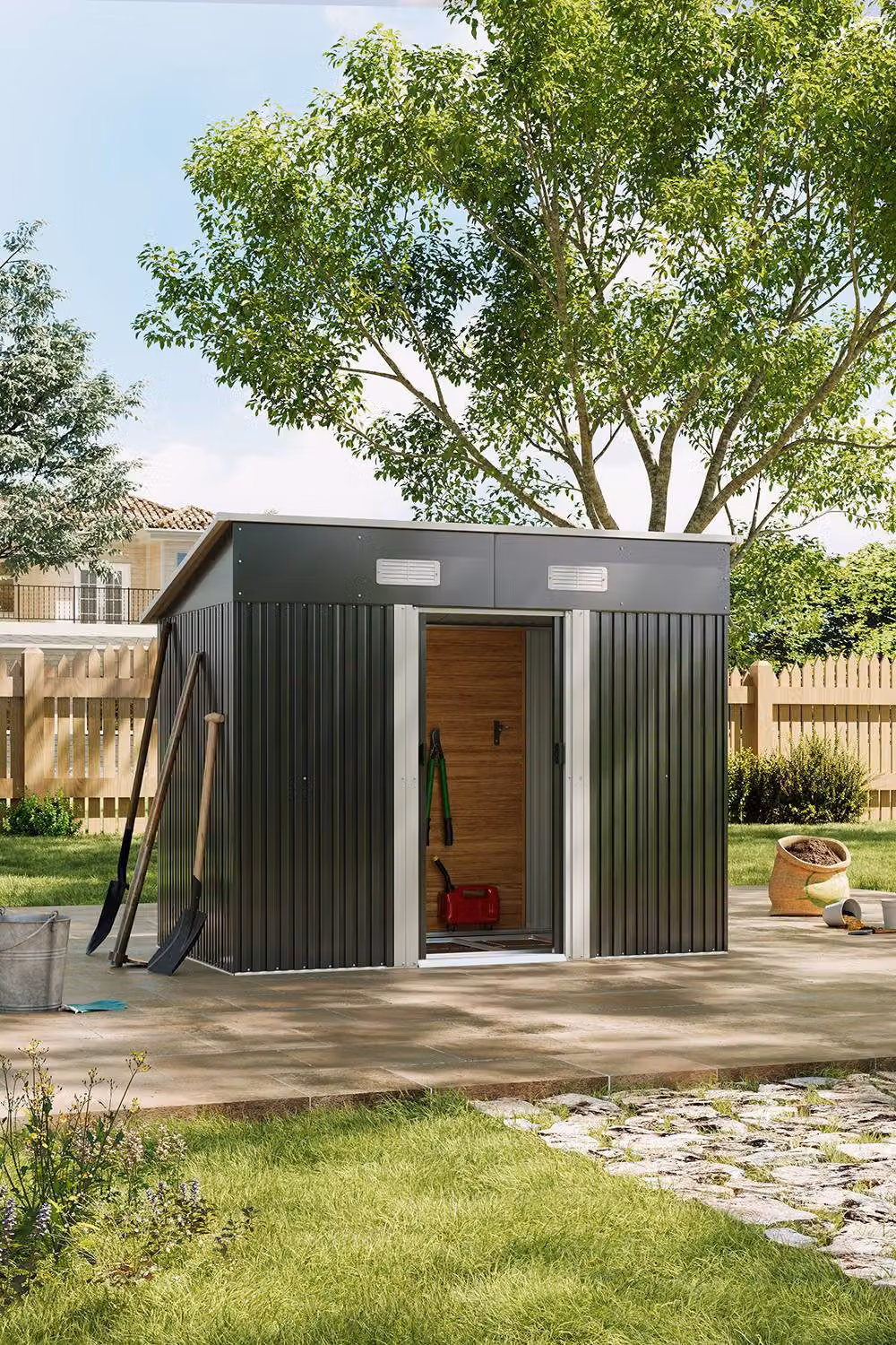 Living and Home Pent Metal Garden Shed with Lockable Double Doors and Base Frame, Black, W: 243.8 cm, D: 121.9 cm, H: 182.0 cm – 2