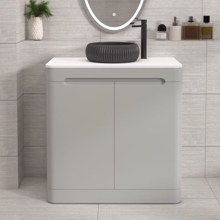 Royal Bathrooms Venice 800mm Floor Standing 2 Door Vanity Unit in Dove Grey with Plain White Worktop and Milan Black Basin