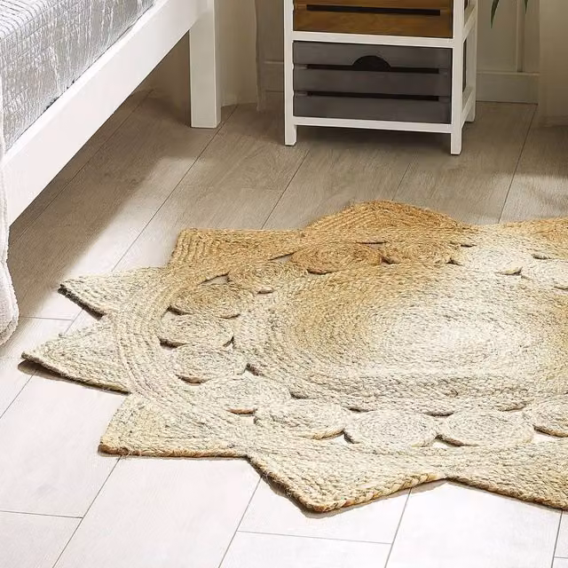 Wyld and Coco Reversible Beige Jute Round Woven Boho Rug, Diameter: 120 cm