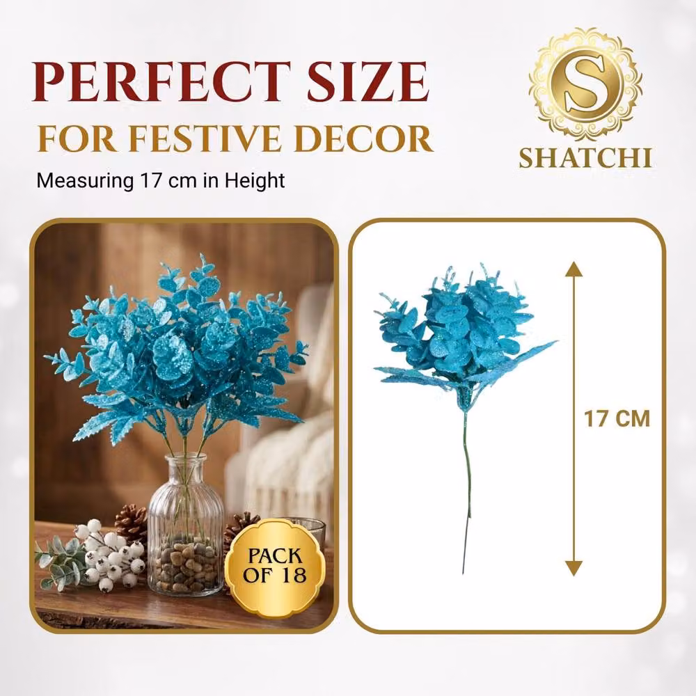 Shatchi 6 Pack Glitter Eucalyptus and Maple Leaf Picks in Light and Dark Blue, 17 cm – 3