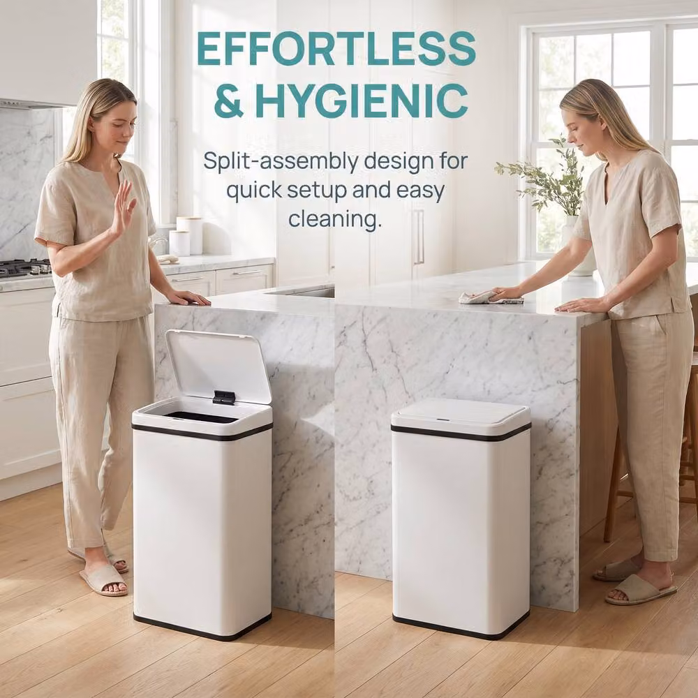 HOMCOM 50L Stainless Steel Kitchen Sensor Bin in White with Fingerprint-Proof Finish – 2