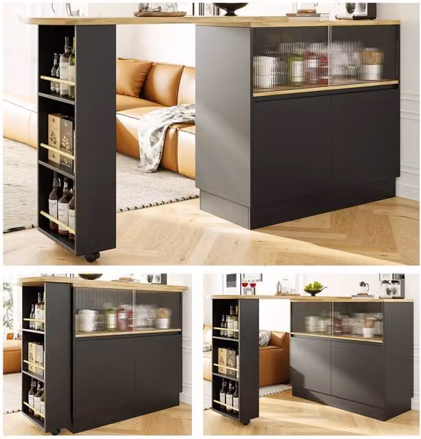 Rolipo Modern Black Dining Bar Cabinet with Glass Doors and 360 Swivelling Castors – 1