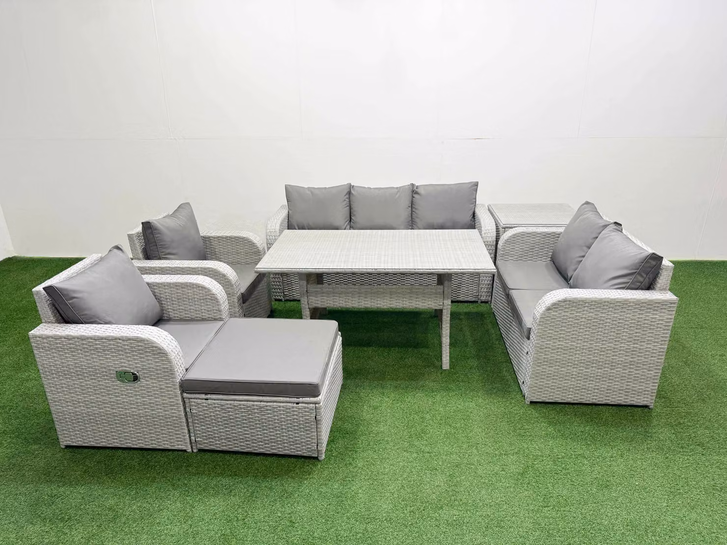 Fimous Grey PE Rattan Garden Furniture Set with Reclining Chairs, 2 Seater Sofa, Rectangular Dining Table and Footstool