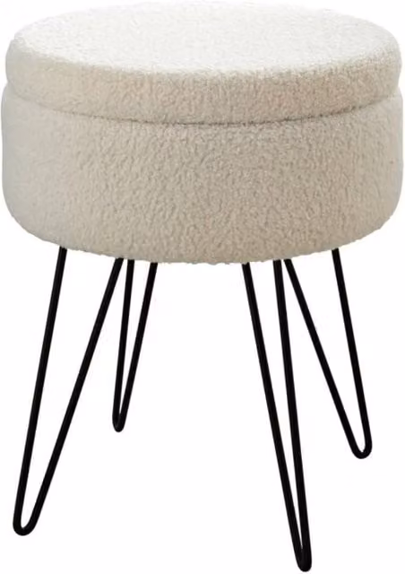Home Luxe Interior Orla White Teddy Storage Footstool - Bouclé Cylindrical Ottoman with Metal Frame