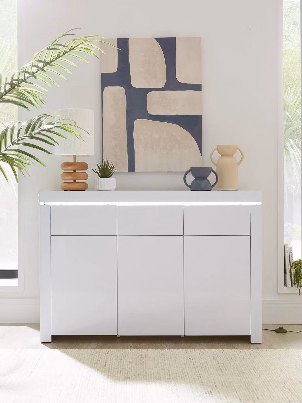 Atlantic Large Gloss White Sideboard with Integrated LED Lighting and Modern Storage