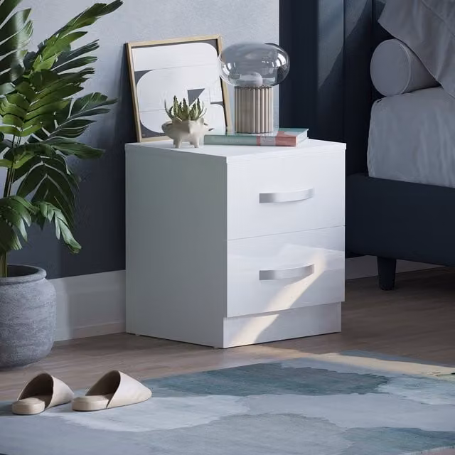 Hulio 2 Drawer High Gloss White Bedside Table Nightstand