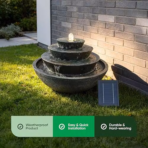 Gardenwize Solar Tiered Stacked Bowl Cascade Water Feature in Dark Grey with Warm White LED Lights and Battery Backup, H 54.0 cm x W 32.5 cm x D 54.0 cm – 6