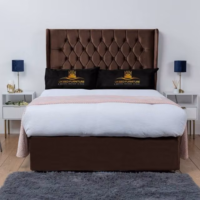UK Bed Furniture Mary Winged Divan Bed Base with 54 Inch Buttoned Headboard in Brown Velvet, King Size W/D/H: 180 x 200 cm