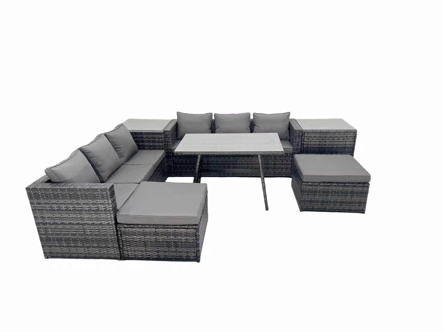 Fimous Rattan Dining Set with Sofa, 2 Side Tables and Footstools in Dark Grey – 2