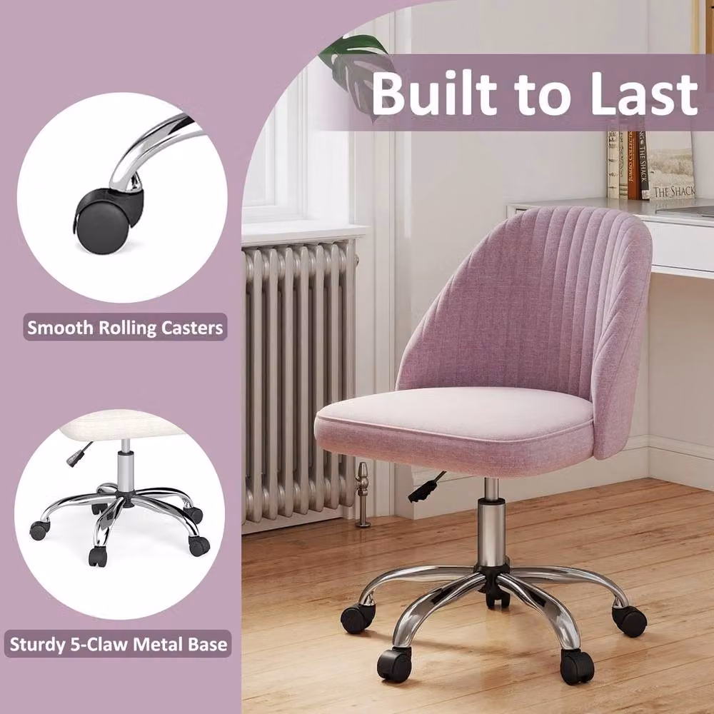 Havendro Modern Armless Pink Fabric Swivel Task Chair with Metal Base and Castors – 2