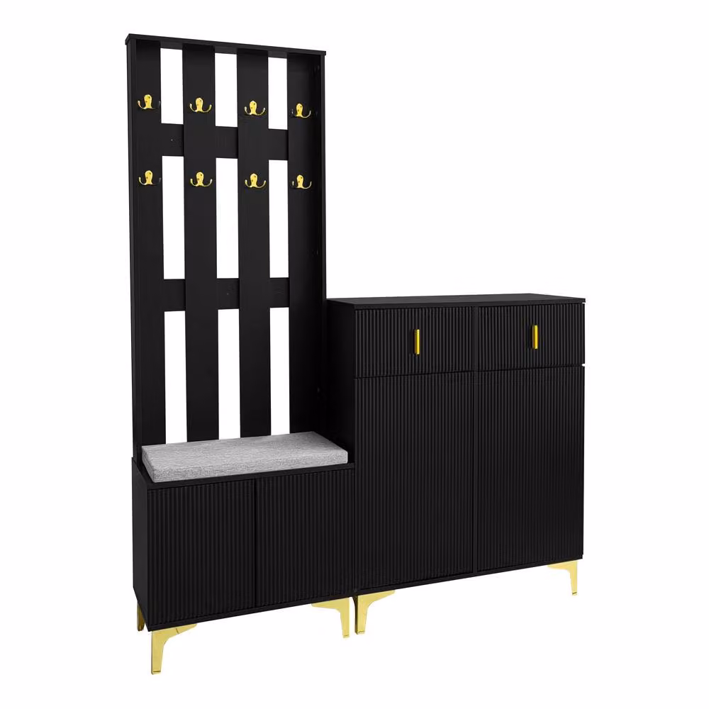Merax Modern Hallway Storage Set with Shoe Cabinet, Bench and Wall Rack in Matt Black and Gold – 3