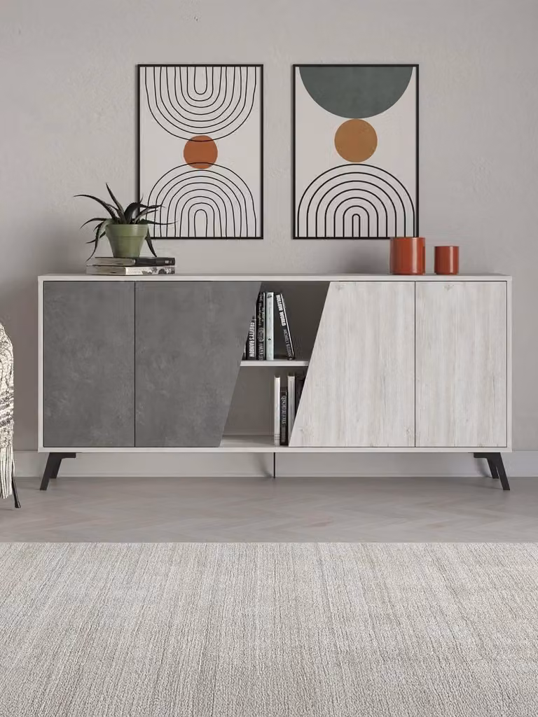 Decortie Fiona Large Sideboard in White and Grey with 4 Doors for your Hallway or Living Room