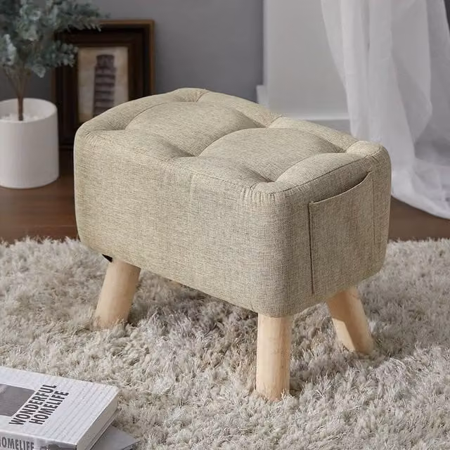 KORVIXA Khaki Linen Rectangular Ottoman Stool Pouffe, W/D/H: 100 x 100 x 100 cm