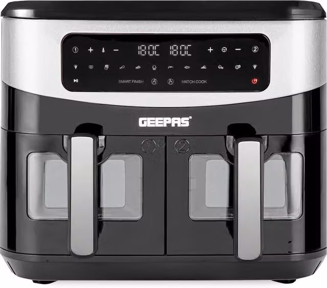 Geepas 9L Dual Zone Air Fryer with Vortex Technology, 10 Presets and Digital Display, Black