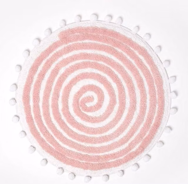 Homescapes Spiral Cotton Blend Round Bath Mat with Pom Poms in Pink and White, Diameter: 60 cm