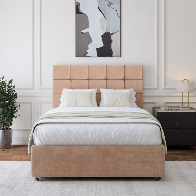 Bedmaster Luxury Velvet 4 Drawer Divan Base and Square Headboard in Light Brown, W/D/H: 180 x 200 cm